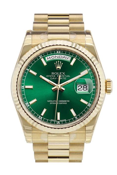 rolex yellow gold green dial day date|Rolex gold day date price.